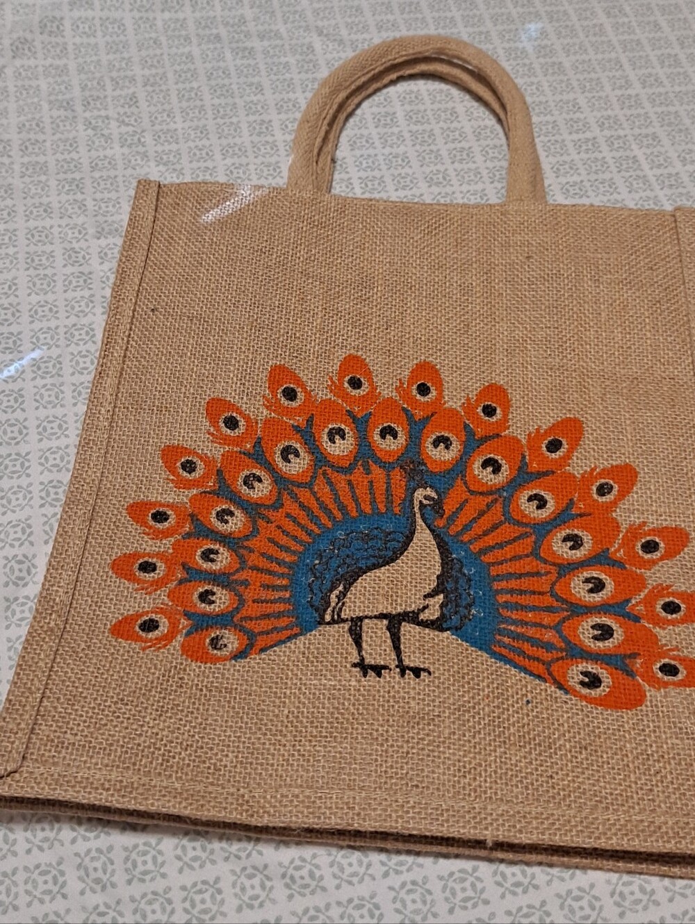 Peacock Jute Tote Bag in Natural with Orange & Blue Print - Picture 4 of 6